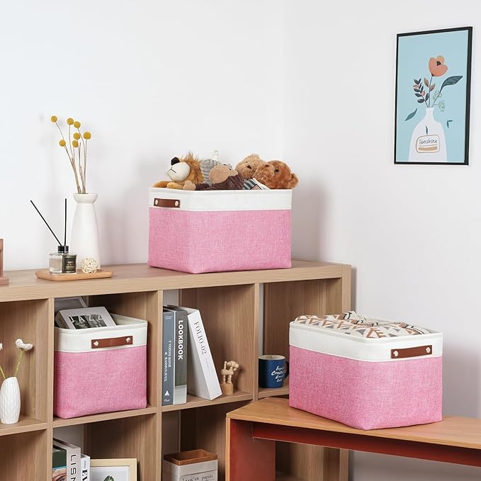 DULLEMELO Storage Baskets for Organizing, Shelves,Bedroom, Decorative Storage Bins with Faux Leather Handles, Fabric Storage Basket for Office, Toys(3-Pack, White&Pink)-Ruum Studio Home