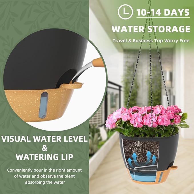 ZMTECH 12 Inch Hanging Planters for Indoor Outdoor Plants, 2 Pack Self Watering Hanging Plant Pots with Drainage Hole, Visual Reservoir, Plastic Flower Hanging Pots with Watering Lip (Black)-Ruum Studio Home