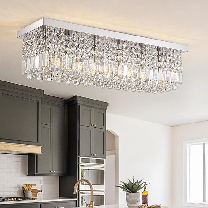 Rectangular Chandelier, Flush Mount Rectangle Chandelier Modern K9 Crystal Chandeliers Light Fixture, 6-Lights Raindrop Crystal Pendant Ceiling Light for Dining Room Bedroom Bar Club L31.5 Inch-Ruum Studio Home