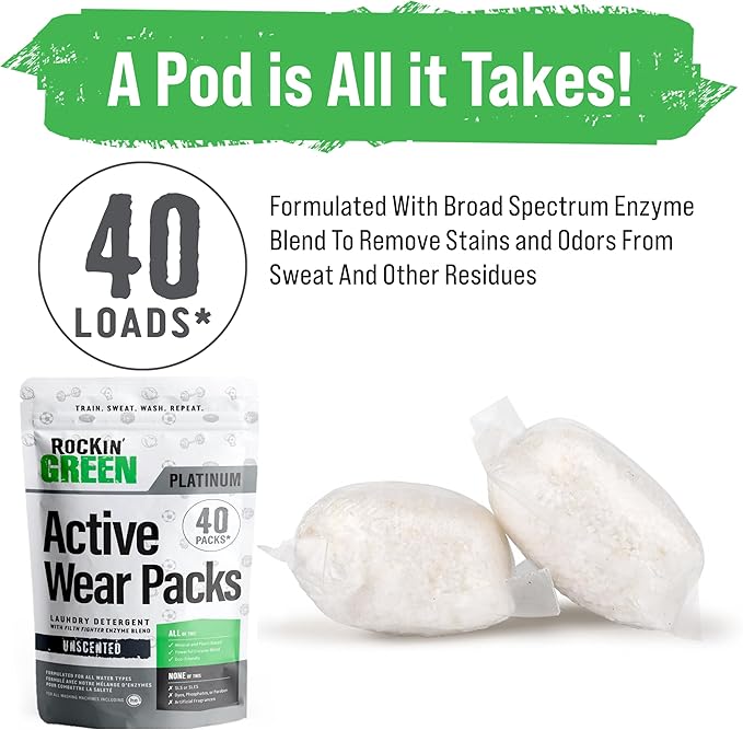 Rockin' Green Laundry Detergent Pods, Plant-based, All Natural, Vegan & Biodegradable Odor Fighter, Safe for Sensitive Skin (Unscented, Active Wear 40 Pods)-Ruum Studio Home
