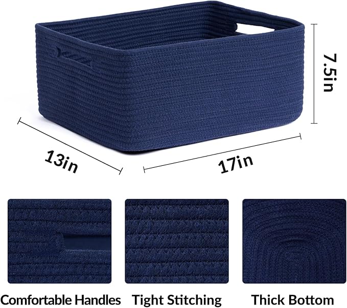 Large Storage Baskets for Organizing, Closet Shelf Baskets for Clothes Blanket Towels, Baby Nursery, Toy Bins Box, Woven Rope Baskets, 17 x 13 x 7.5”, 4 Packs Navy Blue-Ruum Studio Home