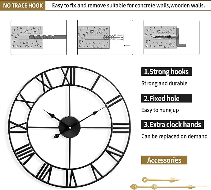 Large Wall Clock For Living Room Decor - 80cm/ 32 Inches Nearly Silent Non-Ticking Metal Wall Clocks Battery Operated, Vintage Decorative Modern Wall Clock For Bedroom, Office, Farmhouse Decor