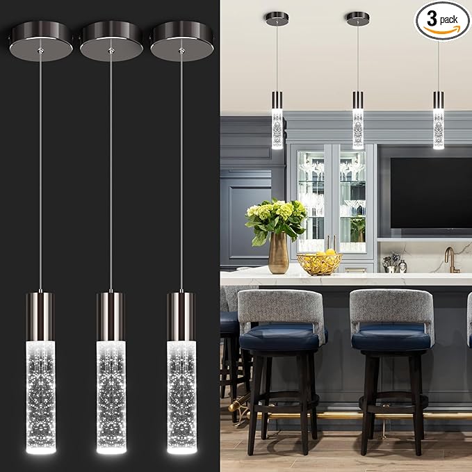 OKELI Modern Pendant Lights, LED Bubble Crystal Kitchen Island Lights Fixtures, Black Mini Single Pendant Lighting for Kitchen Island Bar,6W,6000K, ETL,3Pack-Ruum Studio Home