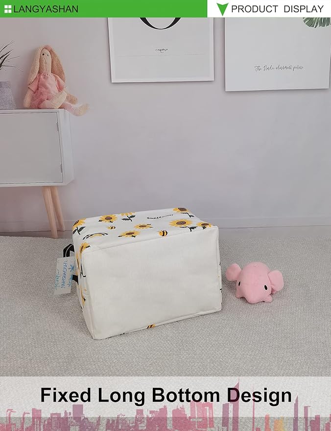 LANGYASHAN Rectangular Storage Bin Collapse Canvas Fabric Cartoon Storage Basket with Handles for Organizing Home Kitchen Boys and Girls Toys Office Closet Shelf Baskets(Rec Sunflower)-Ruum Studio Home