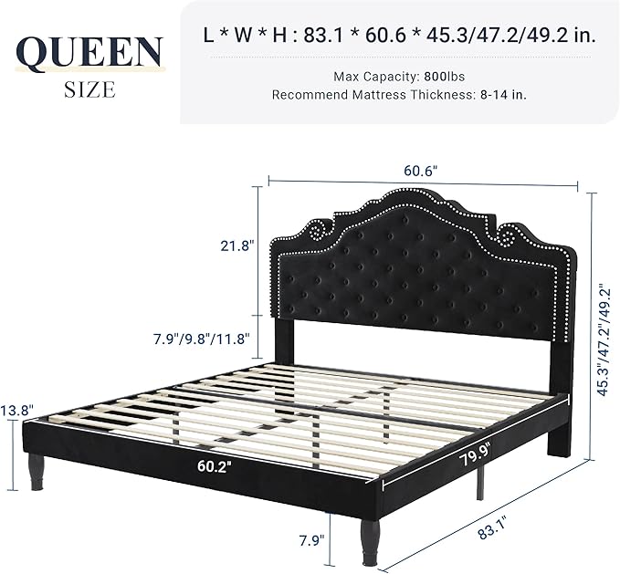 Allewie Queen Velvet Bed Frame with Adjustable Headboard, Wooden Slats, No Box Spring Needed, Easy Assembly, Black-Ruum Studio Home