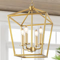 Farmhouse Chandelier 4-Light, Gold Pendant Light Fixture for Kitchen Island Dining Room, Lantern Industrial Lighting Ceiling Hanging with Metal Cage Adjustable Height for Entryway Foyer-Ruum Studio Home