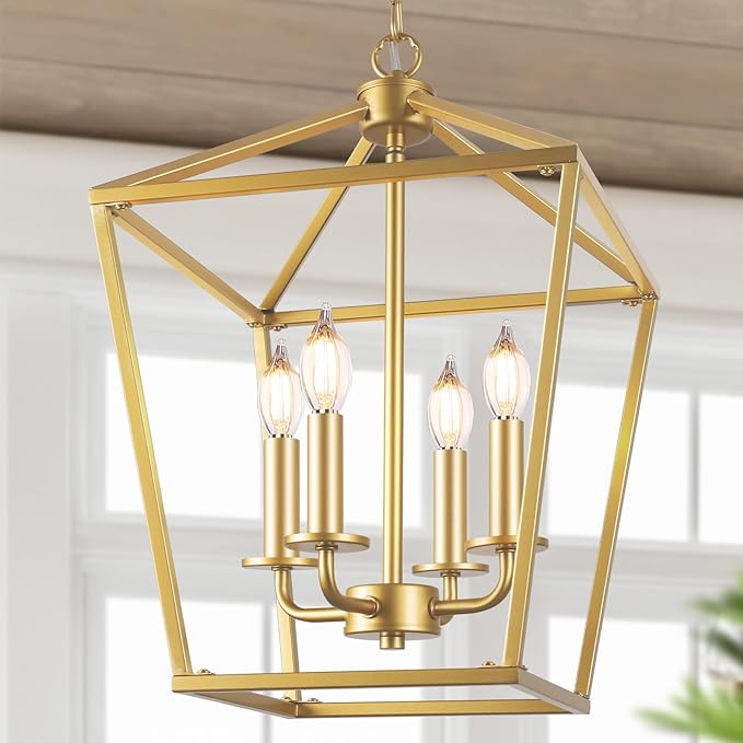 Farmhouse Chandelier 4-Light, Gold Pendant Light Fixture for Kitchen Island Dining Room, Lantern Industrial Lighting Ceiling Hanging with Metal Cage Adjustable Height for Entryway Foyer-Ruum Studio Home