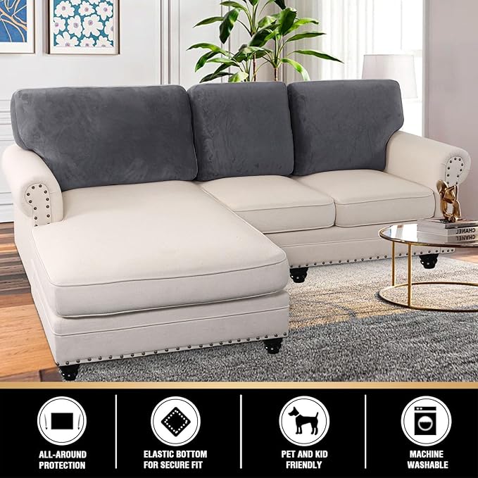 PrinceDeco Sectional Couch Covers Velvet Cushion Covers for Sectional Couch Cushion Covers for Sectional Sofa Separate Sectional Sofa Slipcovers Washable(1 Chaise Back+ 2 Sofa Back,Grey)-Ruum Studio Home
