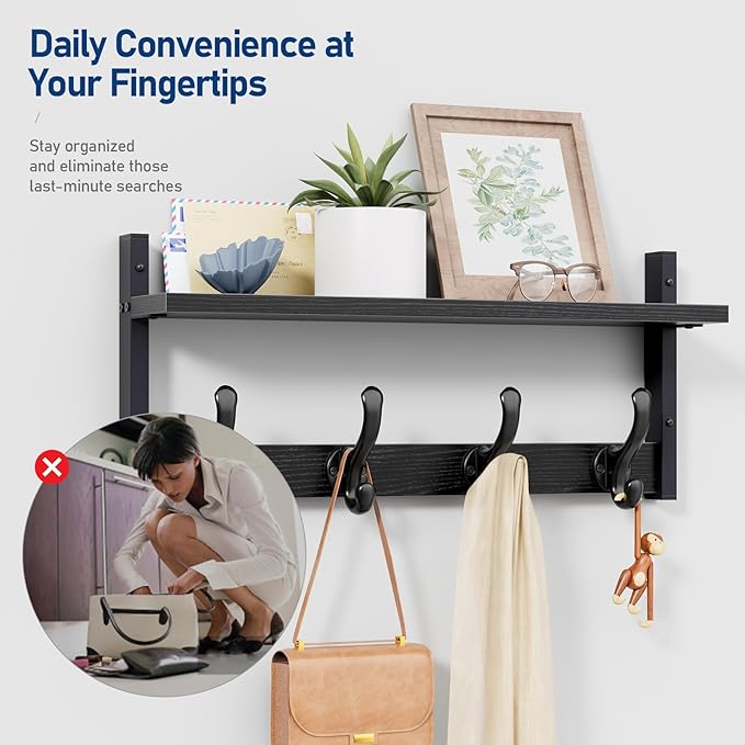 Tatub 20" Rustic Coat Rack Wall Mount with Shelf, Wall Hooks with Shelf, Heavy Duty Entryway Organizer Hangers for Hanging, Hat, Bag, Jacket for Bathroom, Living Room, Bedroom, Black-Ruum Studio Home