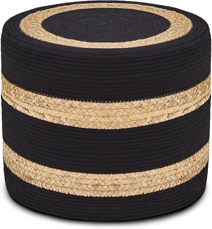 Wimarsbon 18'' Ottoman Pouf, Natural Braided Poof, Rustic Handweave Lounge Pouffe, Boho Footrest Stool for Bedroom, Accent Table or Seat for Living Room (Natural Water Hyacinth + Black Cotton Rope)-Ruum Studio Home
