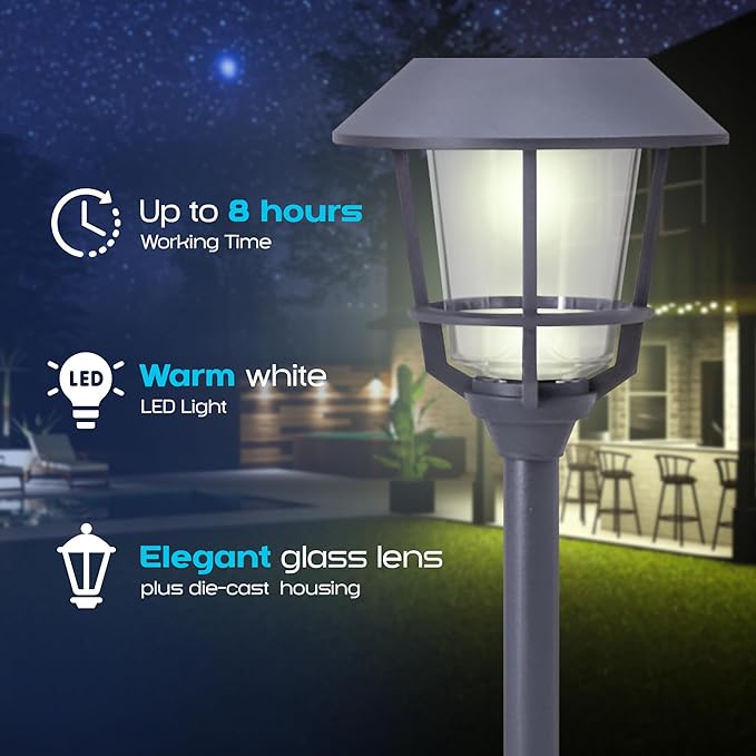 Solar LED Path Lights 4 Pack – 12 Lumens, Warm White, Weathered Zinc, Stainless Steel, Solar Powered, Weather-Resistant Outdoor Lighting for Walkway, Garden, Patio, Sidewalk-Ruum Studio Home
