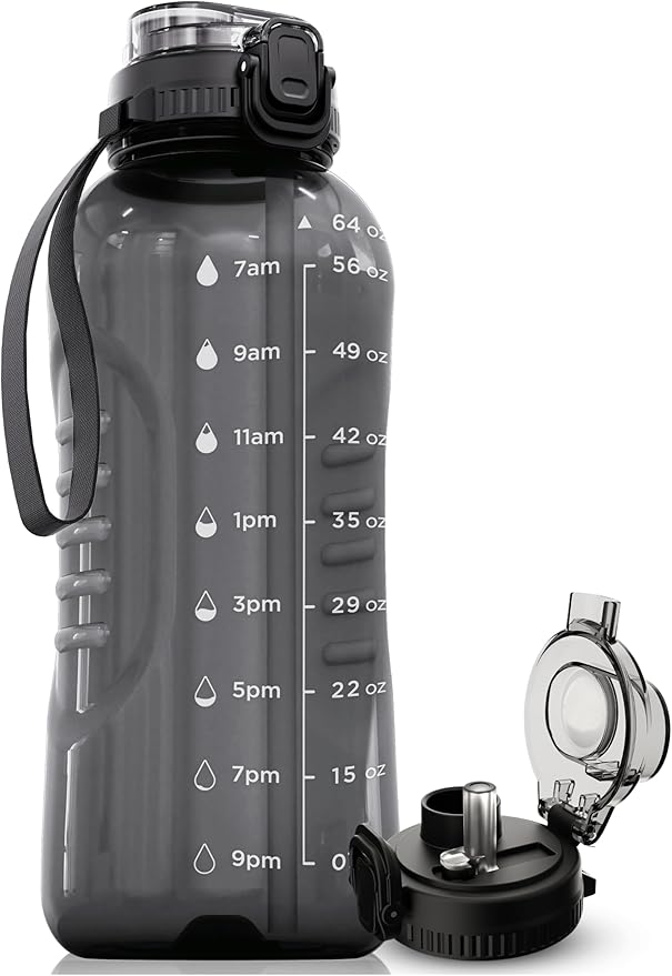 AQUAFIT 64 oz Water Bottle with Time Marker - 2in1 Straw & Chug Lid - BPA Free Big Water Bottle with Straw - Gym Water Bottle with Strap - Water Jug (64 Ounces, Gray)-Ruum Studio Home