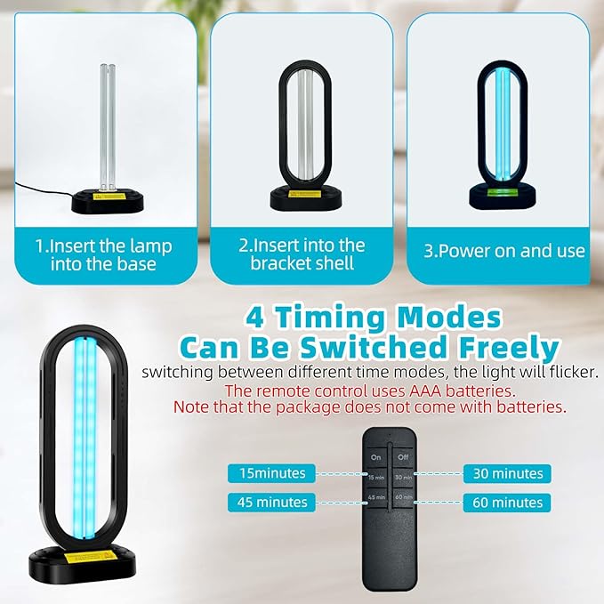 UV Light Sanitizer,4-Speed Timing and Remote Control UVC Home Disinfection Device,Portable Ultraviolet Light Sanitizer for Dust Mites,UV Lamp for Whole Room,Black-Ruum Studio Home