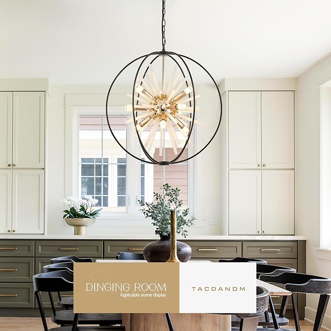 23.6" Black Gold 12-Light Globe Sputnik Chandelier Modern Adjustable Hanging Ceiling Glass Tube Pendant Light Fixture for Entryway Foyer Staircase Dining Living Room Hallway-Ruum Studio Home