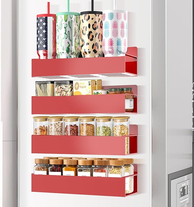 Magnetic Spice Rack Organizer for Fridge Seasoning Organizer for Kitchen Storage With Screw Magnetic Shelf for Oven, RV,Garage,Bathroom (Red, 4pack)-Ruum Studio Home
