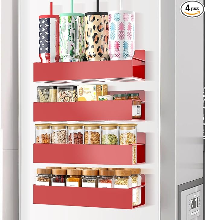 Magnetic Spice Rack Organizer for Fridge Seasoning Organizer for Kitchen Storage With Screw Magnetic Shelf for Oven, RV,Garage,Bathroom (Red, 4pack)-Ruum Studio Home