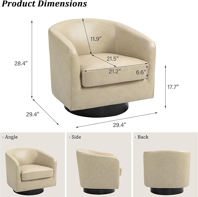 Swivel Barrel Accent Chair, Modern Round Faux Leather Arm Chair for Living Room, Bedroom, Comfy Club Reading Chairs for Adults, Faux Leather, Cream, Set of 1-Ruum Studio Home