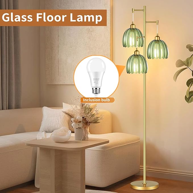 Gold Floor Lamp for Living Room,Bedroom,Mid Century Modern Standing Lamp Brass Tree 3 Light Tall Floor Lamps Vintage Retro Floor Lights Glass Green Flower Lamp Shade Farmhouse Boho Bohemian-Ruum Studio Home