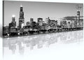 DJSYLIFE Chicago Skyline Wall Art - Black and White Modern Panoramic Cityscape Night View Picture Painting Bedroom Office Living Room Kitchen Home Decoration - Ready to Hang 13.8 "x 47.3" - Chicago 2-Ruum Studio Home
