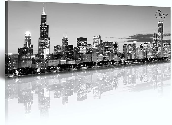DJSYLIFE Chicago Skyline Wall Art - Black and White Modern Panoramic Cityscape Night View Picture Painting Bedroom Office Living Room Kitchen Home Decoration - Ready to Hang 13.8 "x 47.3" - Chicago 2-Ruum Studio Home