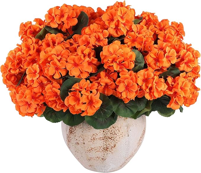 Hananona 12 Pcs Artificial Geranium Flowers for Outdoors Orange Silk Geranium Flowers Outdoor UV Resistant Plants Faux Fall Flower for Home Kitchen Autumn Table Centerpieces Decor (12, Orange)-Ruum Studio Home