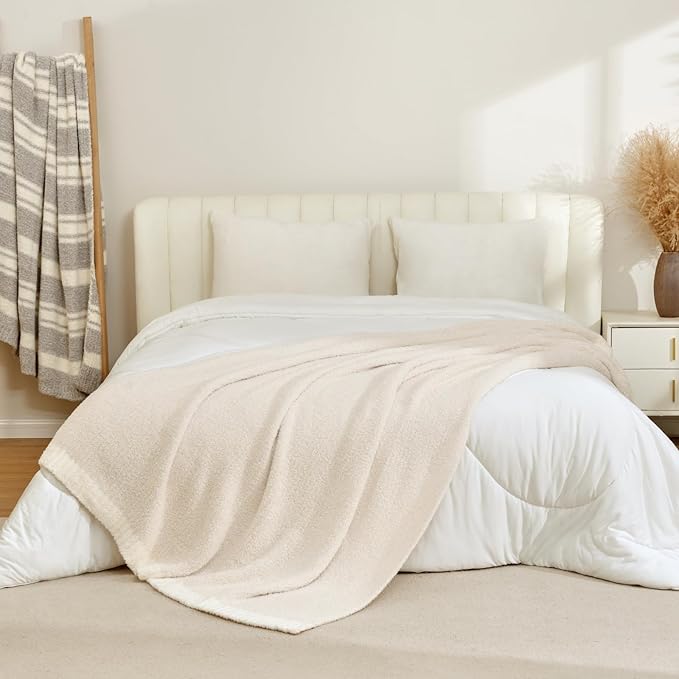Snuggle Sac Buttery Ivory Throw Blanket for Couch, Reversible Super Soft Knitted Blankets, Warm Cozy Knit Fuzzy Plush Lightweight Throws Dupes for Sofa, Bed, Picnic, Ivory, 50 x 60 inches-Ruum Studio Home