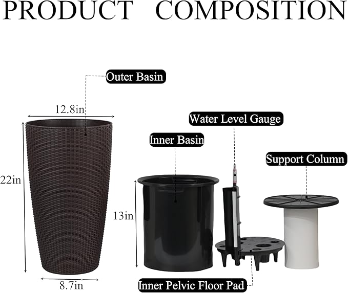 2Pack 22" High Modern Plant Pots Planter-Self-Watering Indoor/Outdoor Planting with Drain Holes, Water Level Monitor, Inner Bucket for Front Porch Patio, Brown Rattan Conical-Ruum Studio Home
