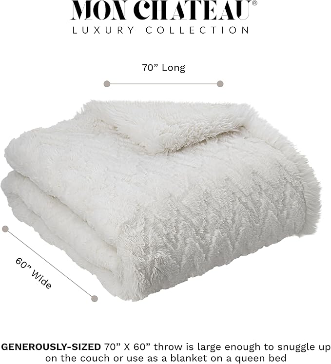 Mon Chateau Premium Reversible Queen Size Luxury Faux Fur Throw for Couch, Sofa, or Queen Size Bed - Plush Cozy Soft Blanket for Sleeping or Home Décor, 60" x 70" (Ivory Jacquard)-Ruum Studio Home