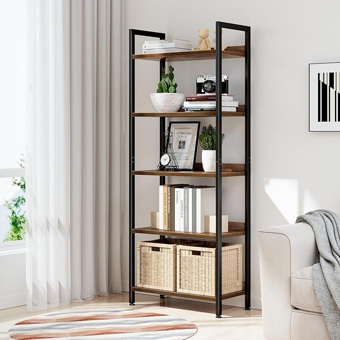 NUMENN Bookshelf, 5 Tier Bookshelves, Home Office Bookcase Shelf Storage Organizer, Free Standing Storage Shelving Unit for Bedroom, Living Room and Home Office, Vintage-Ruum Studio Home