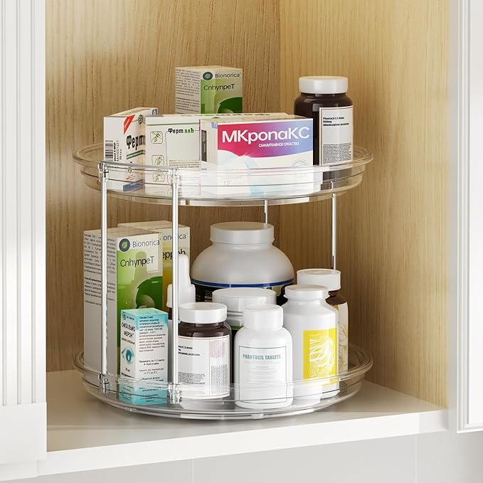 2 Tier Lazy Susan Organizer, 9.25'' Lazy Susan Turntable for Cabinet, Stackable Turntable Organizer Rotating Spice Rack Organization for Kitchen Countertop, Pantry, Bathroom, Clear-Ruum Studio Home