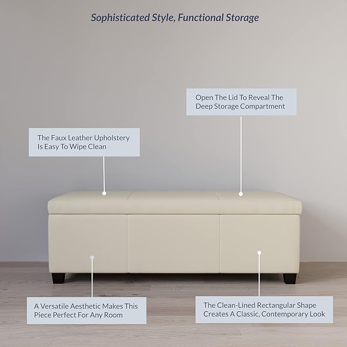BELLEZE 47 Inch Storage Ottoman, Faux Leather Storage Bench Bedroom Bench with Safety Close Hinge, Ottoman with Storage for Living Room, Entryway, Hallway, Foot Rest, Support 300lbs - Cream-Ruum Studio Home