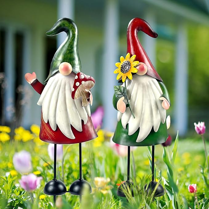 HONGLAND Metal Gnome Yard Art Outdoor Gnomes Garden Statue 18 Inch Gnome Figurine Decorative Stakes for Holiday Christmas Lawn Patio Yard Garden Decor-2 PCS-Ruum Studio Home