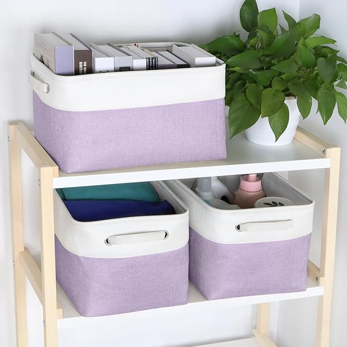 Kntiwiwo Foldable Storage Bins 15" x 10" x 9.5" Fabric Storage Basket Cube with Handles Large Linen Closet Organizer Bins for Organizing Shelf Home, Set of 3, Purple-Ruum Studio Home