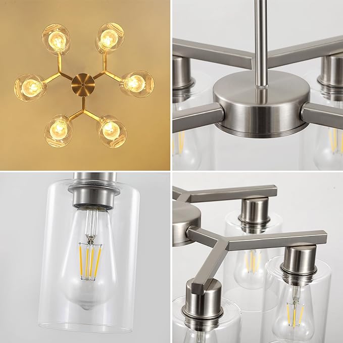 6-Light Farmhouse Brushed Nickel Chandelier,Modern Chandeliers for Dining Room Light Fixture Over Table,Adjustable Hanging Industrial Rustic Pendant Lights Kitchen Island Light with Clear Glass Shade-Ruum Studio Home
