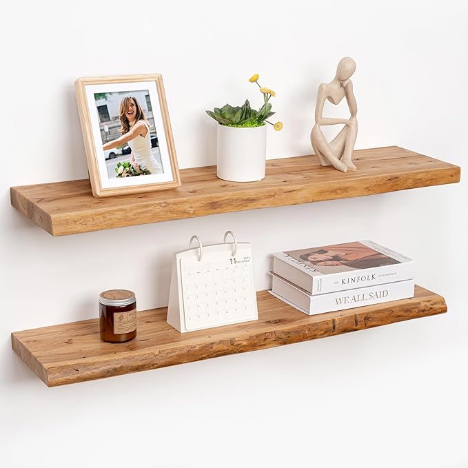 RICHFOCUS Live Edge Elm Floating Shelves - 36" W x 9.3" D Rustic Solid Wood Wall Shelves with Invisible Bracket, Wall-Mounted for Living Room, Bedroom, Kitchen Storage & Display, Set of 2, Natural-Ruum Studio Home