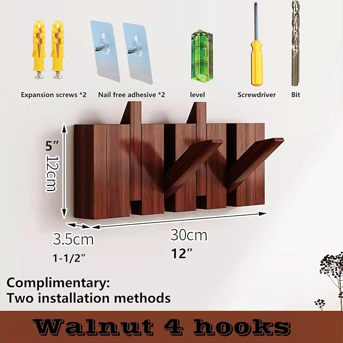Wall Mounted Piano Key Hanger | Flip Style Hook | Entrance Wall Art Hook, Made of Oak Wood (3 Times Painted, 4 Times Polished) (Walnut, 4Hooks)-Ruum Studio Home