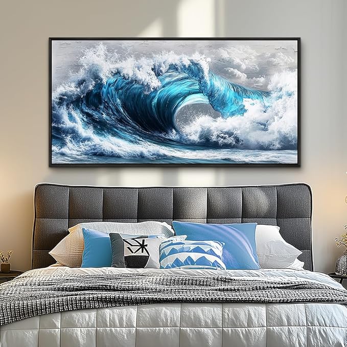 PHAOHUAXM Large Canvas Blue Wave Paintings Wall Art For Living Room Wall Decoration For Bedroom Ocean Wall Pictures Printing Office Decorations Posters Modern Home Decor Black Framed 30x60 In-Ruum Studio Home