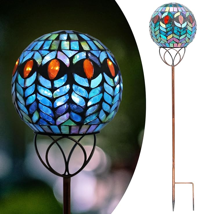 Afirst Solar Outdoor Garden Lights Decorative - Mosaic Solar Stakes Gazing Ball Waterproof Outdoor Lights Stakes for Pathway Yard Lawn Decoration(Green)-Ruum Studio Home