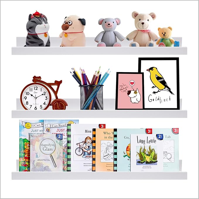 AZSKY White Kids Bookshelf Floating Shelves Wall Mounted 24 Inches Long Nursery Wooden Book Shelves for Toys Storage Picture Ledge Shelf for Living Room Bedroom Decor Books Photo Frames Set of 3-Ruum Studio Home