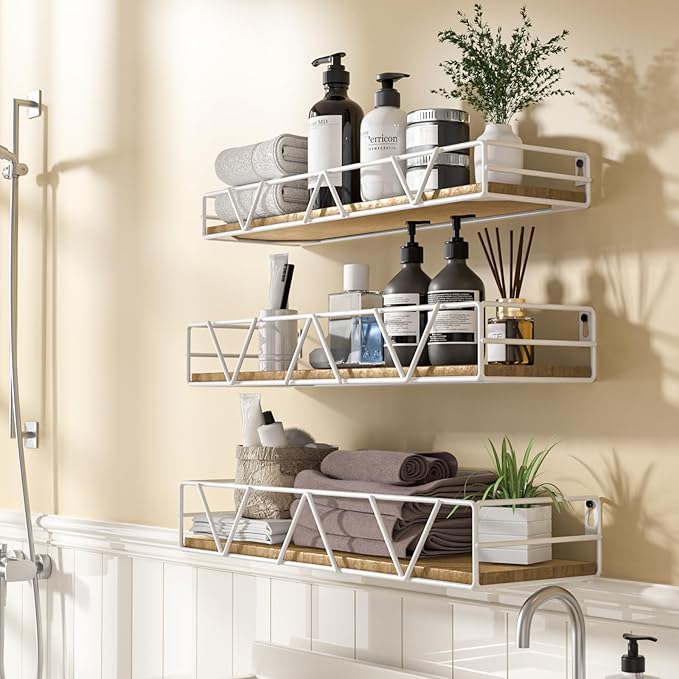 Floating Shelves Set of 3, Home Wood Wall Shelf, Farmhouse Shelf for Bedroom, Wall Mounted Floating Shelf for Living Room, Bedroom, Bathroom, Kitchen, Office (White)-Ruum Studio Home