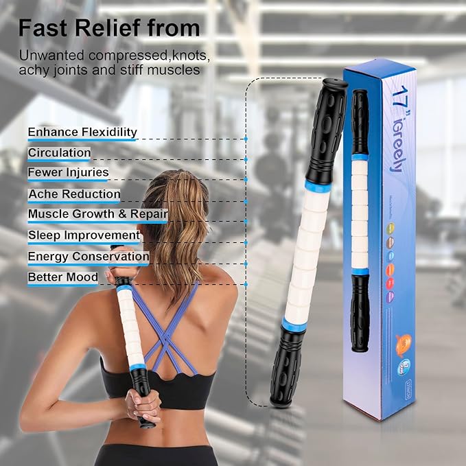 iGreely Premium Muscle Roller The Ultimate Massage Roller Stick 17 Inches Recommended by Physical Therapists Promotes Recovery Fast Relief for Cramps Soreness Tight Muscles-White-Ruum Studio Home