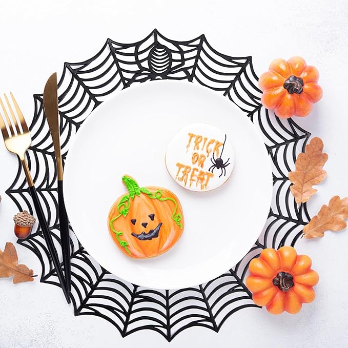 8 Pcs Spider Web Placemats - 15" Heat Insulation Table Mats - Hollow Out Spiderweb Coasters for Dining Table Halloween Decoration (Black)-Ruum Studio Home