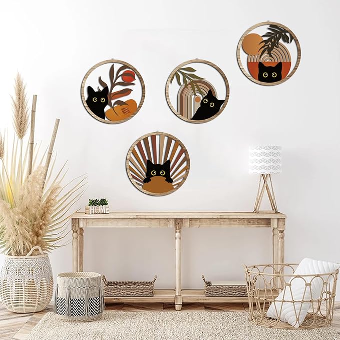 RETRART Boho Black Cat Wall Art Black Cat Room Decor Aesthetic, 4-Piece Farmhouse Geometric Wooden Cat Wall Decor Mid-Century Bohemian Moon Sun Design for Nursery, Bedroom Perfect Cat Lover Gifts-Ruum Studio Home