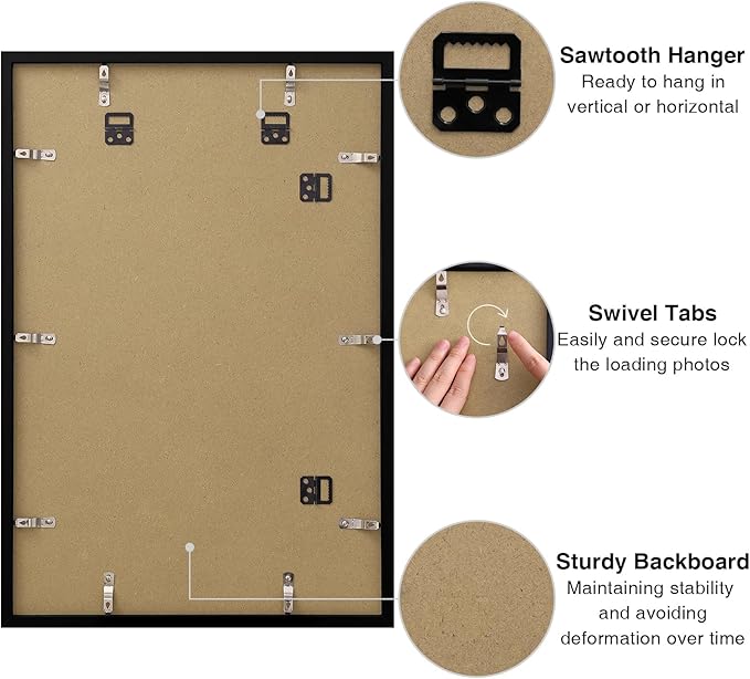 Vittanly 16x24 Picture Frames Set of 9, Shatter Resistant Plexiglass, Display 12x18 Pictures with Mat or 16x24 without Mat, Photo Frames for Wall or Tabletop, PVC Frame, Black-Ruum Studio Home