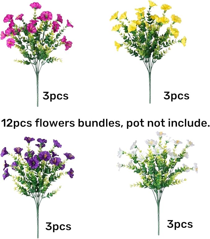Artificial Flowers for Outdoors Fake Plants Outside Decoration, 12 Bundles Silk Colorful Morning Glory with Eucalyptus UV Resistant Realistic Faux Flowers for Planter Front Door Garden Yard-Ruum Studio Home