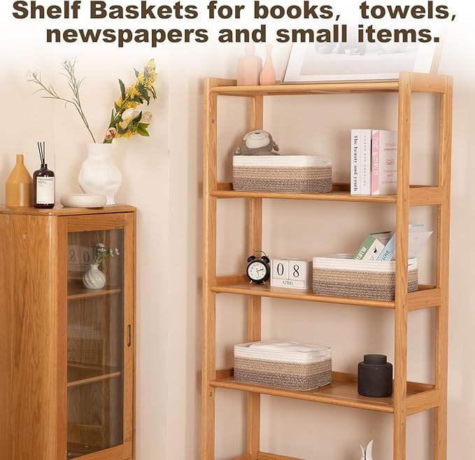3 Pack Small Storage Baskets for Organizing, Cute Woven Decorative Gift Baskets for Shelves, Mini Closet Organizer Bins with Handles-13''Lx8.66''Wx5.11''H-Brown White-Ruum Studio Home