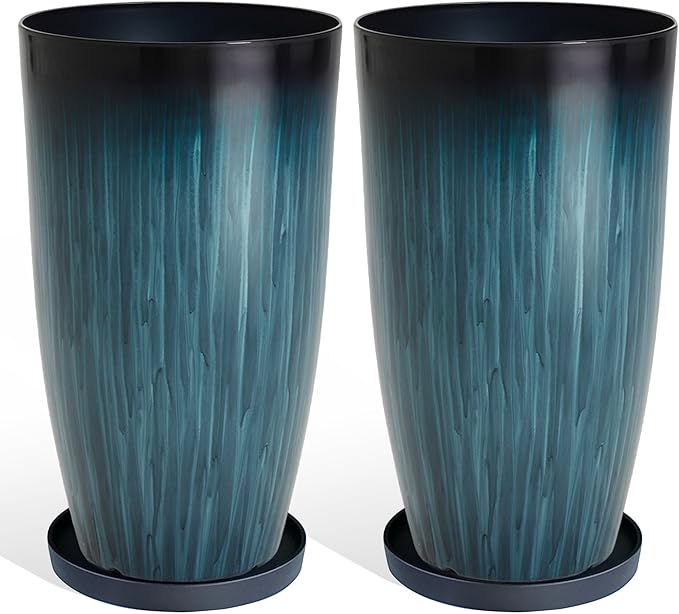 KOL 2-Pack 23.5" Plastic Planters, Gradient Blue Glossy Large Tall Plant Pots, Lightweight Decorative Flower Containers with Drainage Hole & Dual-Purpose Saucer – Indoor & Outdoor Use Front Porch-Ruum Studio Home