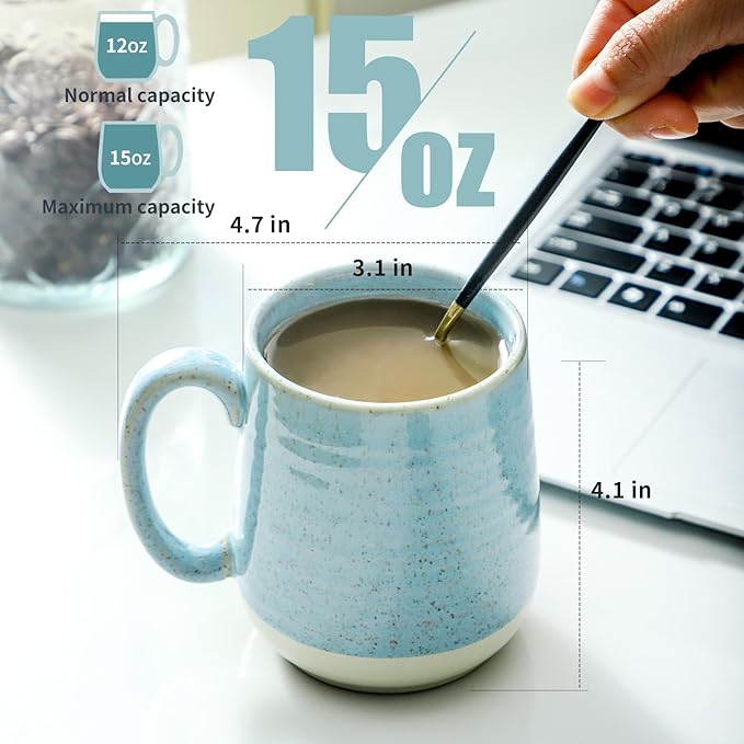Hasense Ceramic Coffee Mugs, 15 Oz Coffee Cup with Handle Set of 4, Large Coffee Mug for Men, Modern Latte Cup for Cappuccino, Tea, Cocoa, Microwave & Dishwasher Safe, Birthday Gift, Light Blue-Ruum Studio Home