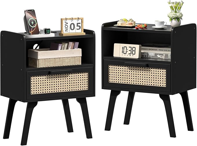 Lerliuo Rattan Nightstands Set of 2, Bedside Table with Drawer Open Shelf, Cane Accent Side End Table with Solid Wood Legs, Black Mid Century Night Stand for Bedroom, Dorm and Small Spaces-Ruum Studio Home