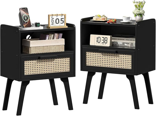 Lerliuo Rattan Nightstands Set of 2, Bedside Table with Drawer Open Shelf, Cane Accent Side End Table with Solid Wood Legs, Black Mid Century Night Stand for Bedroom, Dorm and Small Spaces-Ruum Studio Home